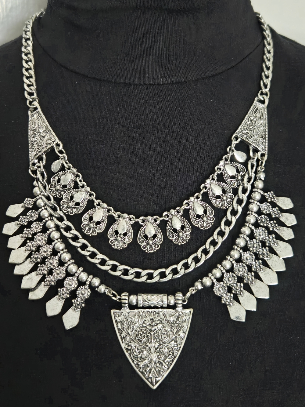 Y2K/2010 Boho Antiqued Silver Tribal Bib Statement Necklace Kuchi Fringe Layered